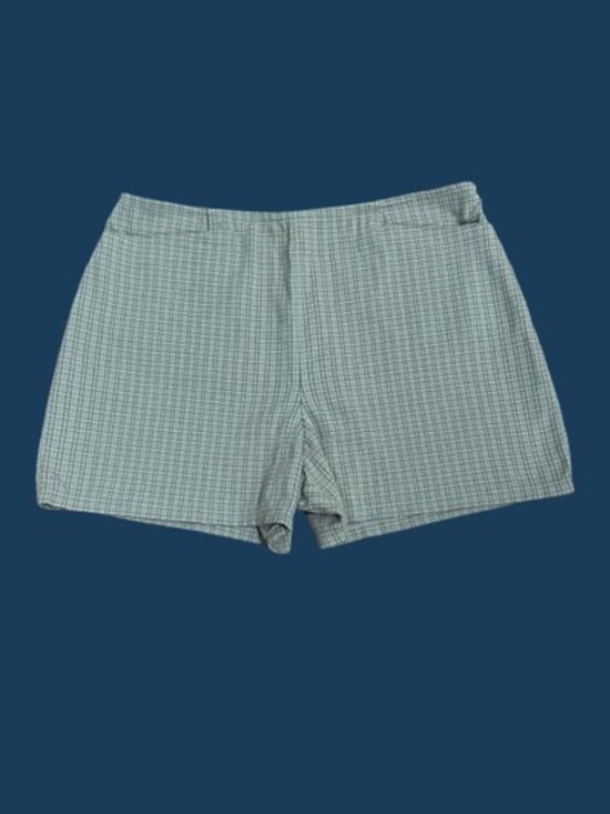 Express Pants - Vintage 90s Express Bleus Comfort Stretch Micro-Plaid Shorts - Tan & Cream - 7/8